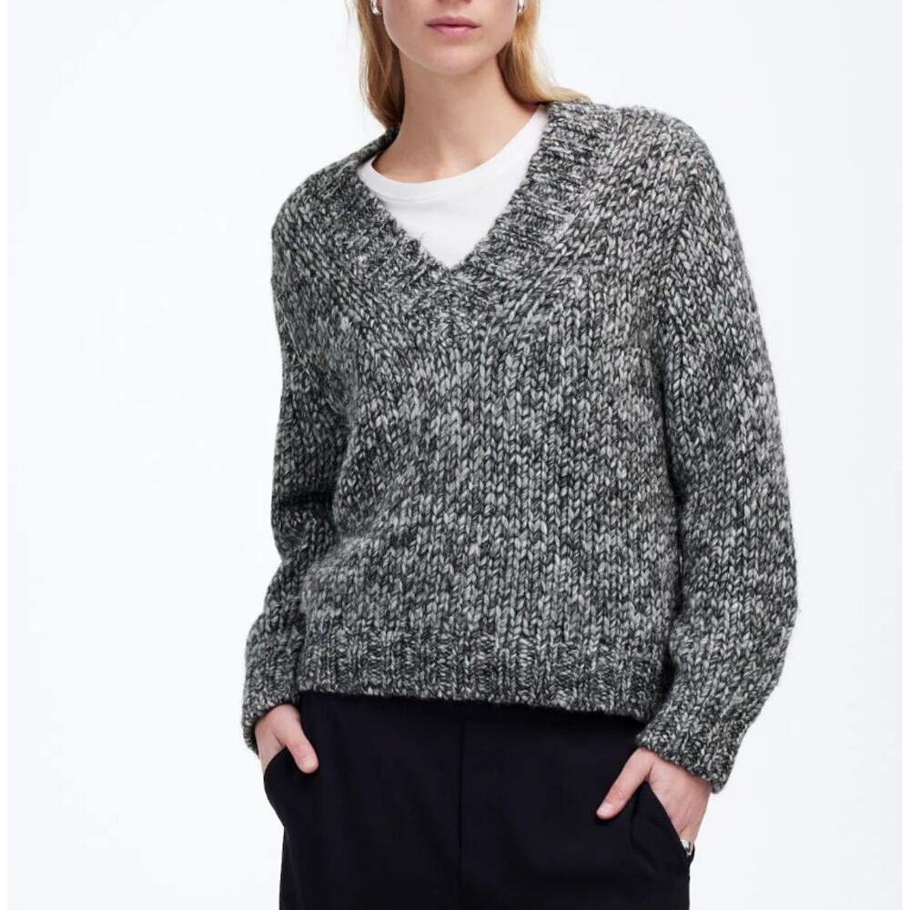 NWT MADEWELL Marled Chunky V-Neck Sweater Cookies & Cream XS